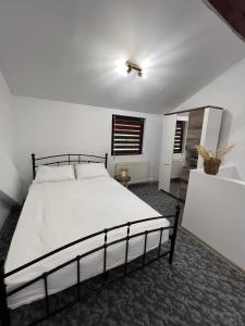 een slaapkamer met een groot wit bed in een kamer bij Apartament in regim hotelier Queen Medias in Mediaş