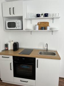 a kitchen with a sink and a microwave at Apartament in regim hotelier Queen Medias in Mediaş
