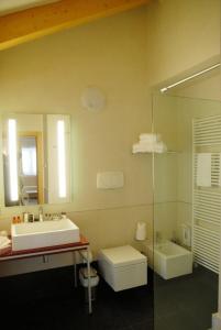 uma casa de banho com um lavatório, um WC e um espelho. em My Kosher Hotel em Canazei