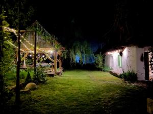 un patio iluminado por la noche con luces en Viscri 9 en Viscri