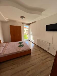 a bedroom with a bed and a flat screen tv at Vila Nei in Lugoj