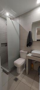 a bathroom with a toilet and a sink at Garlis Apartments in Psakoudia