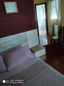 a bedroom with a bed with a purple pillow at Hostal Fisterra in Lugo