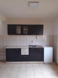 a kitchen with black cabinets and a white refrigerator at Apartments Stefan Trpejca in Ohrid