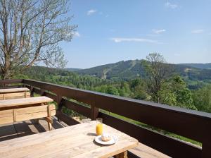 a picnic table on a balcony with a view of the mountains at apartmány Kynast in Albrechtice v Jizerských horách