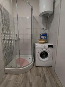 a bathroom with a shower and a washing machine at Apartman Nora in Ubli