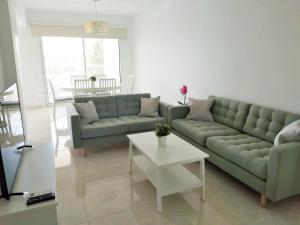 a living room with a green couch and a table at Dinglis Residences 31 in Larnaca