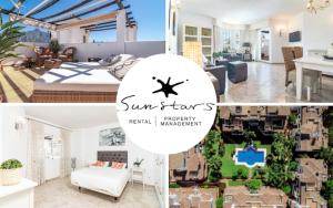 eine Collage mit Fotos von einem Schlafzimmer und einem Wohnzimmer in der Unterkunft Spectacular 2 bedroom Penthouse in best location in Nueva Andalucia in Marbella