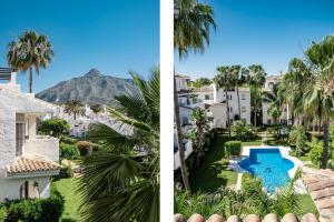 Blick auf den Innenhof eines Gebäudes und eines Resorts in der Unterkunft Spectacular 2 bedroom Penthouse in best location in Nueva Andalucia in Marbella
