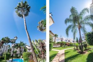 zwei Bilder von Palmen und einem Haus in der Unterkunft Spectacular 2 bedroom Penthouse in best location in Nueva Andalucia in Marbella