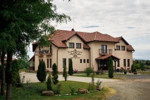 a large white house with a red roof at Pensiunea Brise in Medieşu Aurit