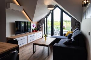 Una televisión o centro de entretenimiento en Apartamenty Mazurski Rejs