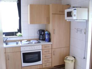 eine kleine Küche mit einer Spüle und einer Mikrowelle in der Unterkunft Naturkost-Hotel Harz in Bad Grund