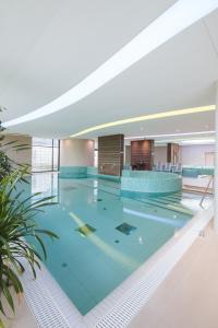 a large swimming pool with blue water in a building at Imola Hotel Platán - Adults Only in Eger