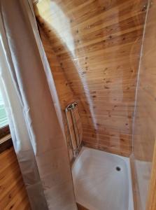 a shower in a bathroom with a wooden ceiling at Hobití chatka Lipno in Černá v Pošumaví +18 photos