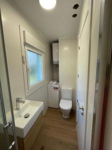 a bathroom with a toilet and a sink and a window at Casita acogedora en Sear in Pontevedra