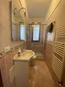 La salle de bains est pourvue de toilettes, d'un lavabo et d'une douche. dans l'établissement Little and cozy flat near Venice, à Marghera