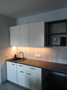 a kitchen with white cabinets and a sink at U Henriety in Wojnowice