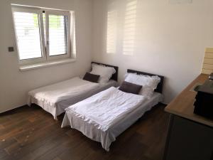een slaapkamer met 2 bedden en een raam bij Apartmány RŮŽIČKA in Mikulov