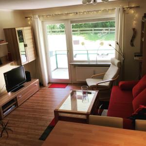 ein Wohnzimmer mit einem roten Sofa und einem TV in der Unterkunft Apartment Kleeblatt in Hahnenklee-Bockswiese