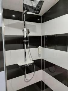 uma casa de banho em preto e branco com um chuveiro em good bed Deitingen em Deitingen