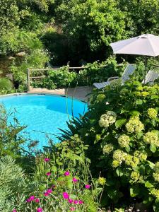 a swimming pool with two chairs and an umbrella and flowers at Casa Ribeira in Coentral das Barreiras