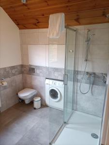 La salle de bains est pourvue d'une douche et d'un lave-linge. dans l'établissement Apartament Na Uboczu, à Szklarska Poręba