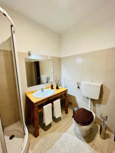 een badkamer met een wastafel, een toilet en een spiegel bij Fisherman´s Cave in Faro