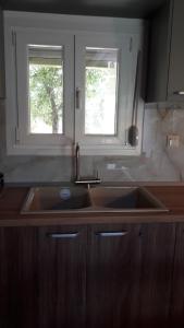 a kitchen with a sink and two windows at Green Olive Studios 2 in Áyios Mámas