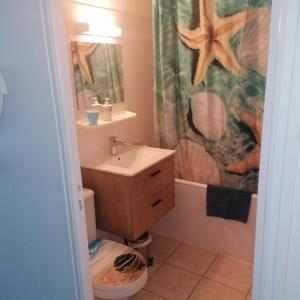 a bathroom with a sink and a toilet and a shower curtain at Appartement plage de Kerfany les Pins in Moëlan-sur-Mer