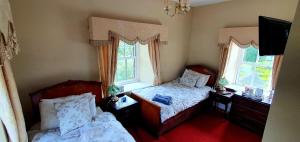 1 dormitorio con 2 camas y 2 ventanas en The Harbour Masters House, en Banagher