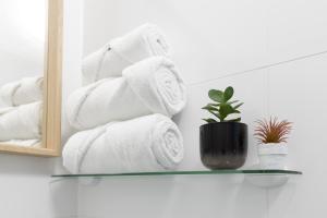 stos ręczników na półce z rośliną w obiekcie Yeshello Vienna Central Station Apartment w Wiedniu +26 zdjęć