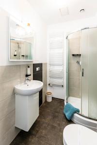 uma casa de banho com um lavatório, um chuveiro e um WC. em Cooltour em Poznań