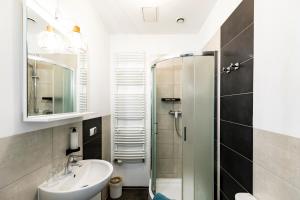 La salle de bains est pourvue d'un lavabo et d'une douche. dans l'établissement Cooltour, à Poznań