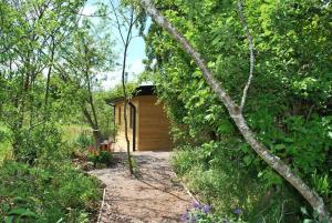 a small wooden shed in the middle of a garden at Peaceful Bothy Retreat in Nairn +21 photos