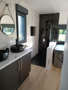 a black and white bathroom with a sink and a shower at Préstige in Rouilly-Sacey