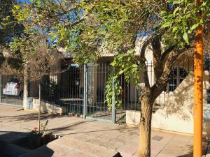 a tree in front of a building with a fence at Casa Barrio Cooperativo Villa Maria in San Juan