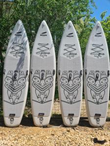 a group of four surfboards lined up in a row at SupVamaVeche in Vama Veche
