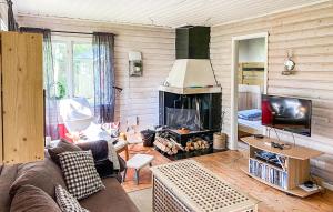 a living room with a couch and a fireplace at Nice Home In Brcke With 2 Bedrooms, Sauna And Wifi in Baksjöbodarna