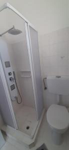 a white bathroom with a toilet and a shower at Maria's View in Ios Chora +28 photos