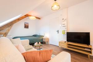 a living room with a couch and a tv at Appartements centre-ville - Wifi - Cuisine tout équipée - Lave-linge in Pau
