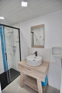 une salle de bain avec un lavabo et une douche dans l'établissement VUE MER PREFAILLES, PLAGE à 50m, à Préfailles