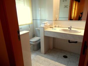 a bathroom with a sink and a toilet and a mirror at Pension Rural La Fonda in Dúrcal
