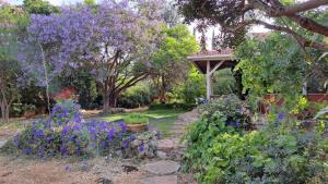 un jardin avec des fleurs violettes et un kiosque dans l'établissement Villa Adama, à Clil