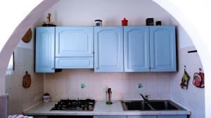 a kitchen with blue cabinets and a sink at Villa Assunta in Tertenìa +31 photos