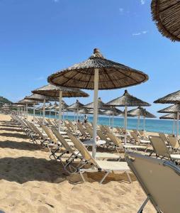 una fila de sillas y sombrillas en una playa en V-DelMar, en Vrachos