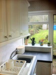 a kitchen counter with a sink and a window at Charming cottage within farmhouse in Monmouth