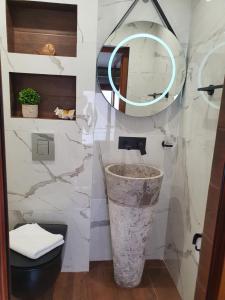 a bathroom with a toilet and a mirror at Kamelia guest rooms in Kazanlŭk