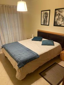 アルブフェイラにあるPórtico de Malpiqueのベッドルーム(青い枕の大型ベッド1台付)