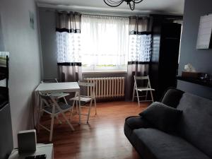 a living room with a couch and a table and a window at Jelitkowo Beach Apartment in Gdańsk
